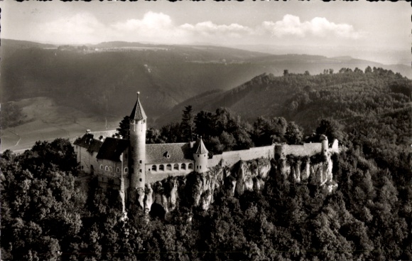 Postcard Owen unter Teck Württemberg, Burg Teck, aerial view of surrounded by trees and hills