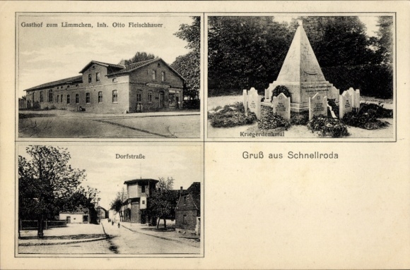 Ak Schnellroda Steigra in Saalekreis, Gasthof zum Lämmchen, oorlogsmonument, dorpsstraat, groeten uit