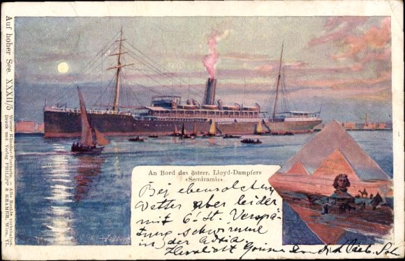 Artist Postcard Steamer SSMS Semiramis, Austrian Lloyd, Sphinx