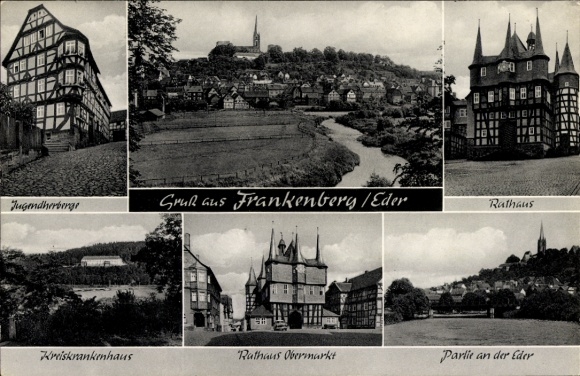 Postcard Frankenberg an der Eder Hesse, town view, youth hostel, town hall, hospital, town hall