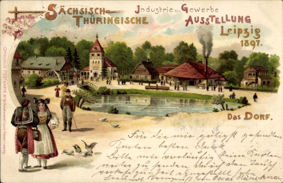 litho Leipzig, Saksische Thüringer Industrie- en Handelstentoonstelling 1897, klederdracht, dorp
