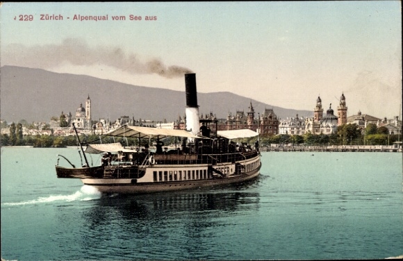 Ak Zürich Stad Zwitserland, Alpenquai vanaf het meer, salonstoomboot MS Speer
