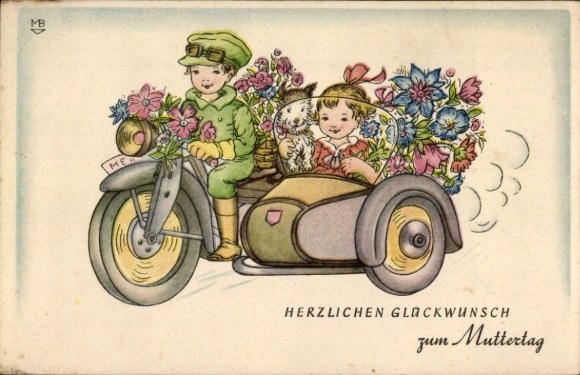 Artist Postcard Congratulations Mother's Day, well-wishers, children, motorcycle, dog, flowers