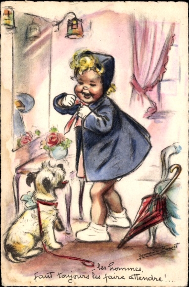 Artist Postcard Bouret, Germaine, Girl in front of the mirror, dog