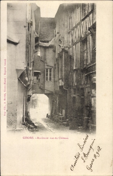 Ak Gisors Eure, Alte Straße, Fachwerkhäuser, geringer Lichteinfall, romantisches Flair