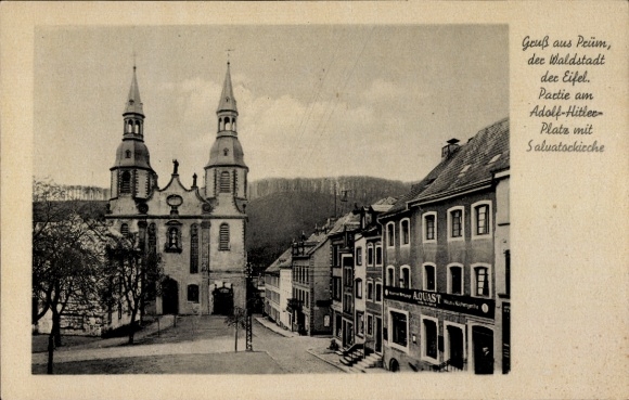 Postcard Prüm in the Eifel, Adolf Hitler Platz, Salvatorkirche