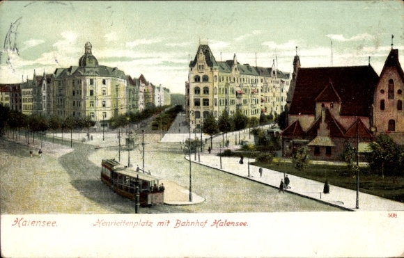 Postcard Berlin Grunewald Halensee, Henriettenplatz, Halensee station, tram