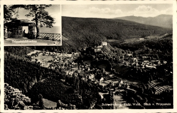 Postcard Schwarzburg in the Schwarzatal Thuringia, view from the Trippstein, Trippsteinhäuschen