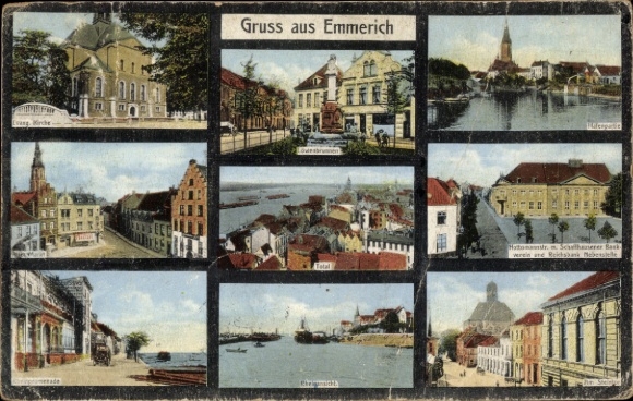 Postcard Emmerich am Niederrhein, various views of the Protestant church, cityscape, Sch...
