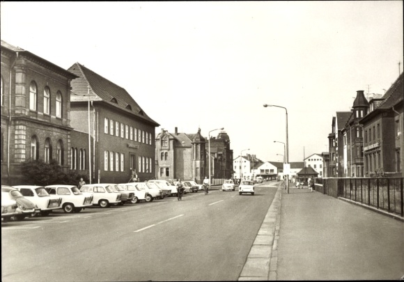 Postcard Bitterfeld in Saxony-Anhalt, city view, Leninstraße, buildings, street view, cars