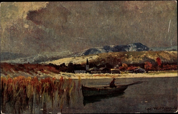 Artist PC Meinzolt, winter on Lake Chiemsee, landscape, man in a rowing boat