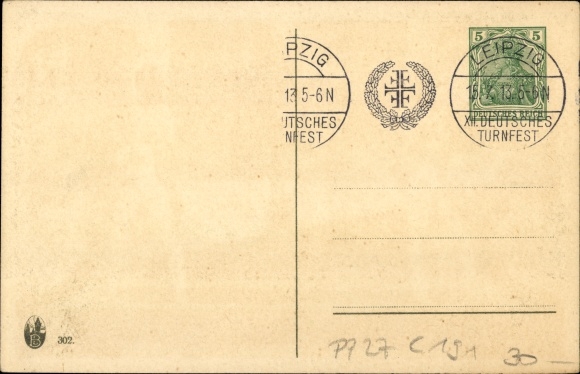 Postal stationery PC Leipzig Saxony, new town hall, 12th German gymnastics festival, imperial flag, Jahnkreuz