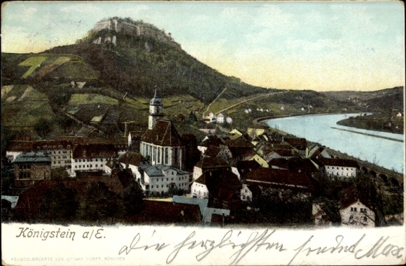 Ak Königstein an der Elbe Sächsische Schweiz, Panoramablick auf Königstein, Fluss und Burg, hi...