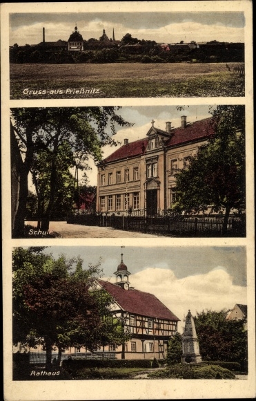 Postcard Prießnitz Frohburg in Saxony, school, town hall, view of the town