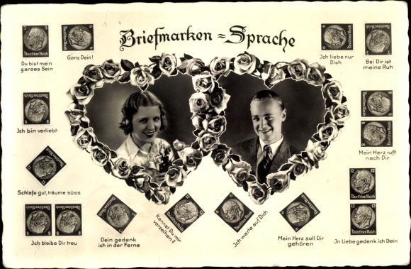 Postcard stamp language, portrait of a woman, portrait of a man, heart