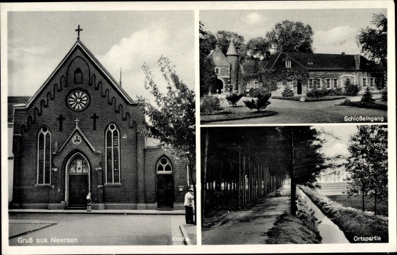 Postcard Neersen Willich am Niederrhein, church, castle entrance, local section