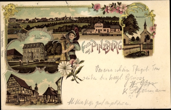 Chromo-Litho Pinzberg in Upper Franconia, Hotel Zametzler, Maria chapel, beer mug