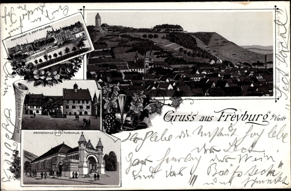 Chromo-Litho Freyburg an der Unstrut, panorama, restaurant for sparkling wine, memorial gym