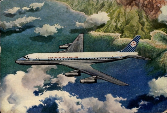 Postcard Dutch passenger aircraft Douglas DC-8 Intercontinental Jet, KLM
