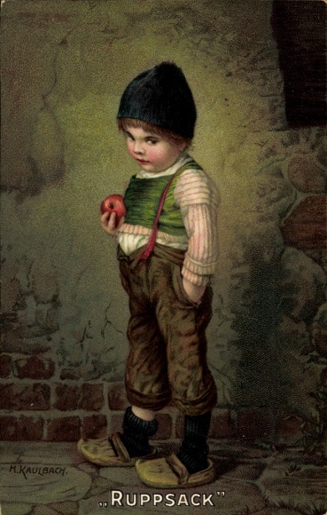 Artist Chromo-Litho Kaulbach, Hermann, Ruppsack, boy with apple, braces, Novitas 10679