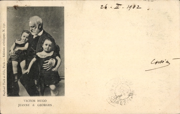 Postcard writer Victor Hugo and his grandchildren Georges and Jeanne, portrait