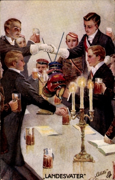 Studentika Postcard Landesvater, students with beer mugs, sword, Tuck 283