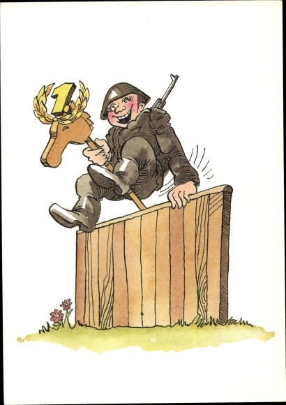 Artist PC Muzenick, Peter, NVA, soldier on hobby horse jumps over fence, wreath