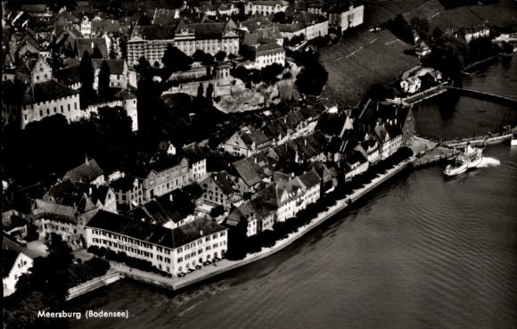 Postcard Meersburg on Lake Constance, aerial view of Meersburg, Lake Constance, houses, boat, nature