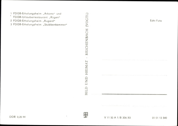 Postcard Seebad Binz on Rügen, FDGB convalescent home Arkona, Rügen, Rugard and Stubbenkammer