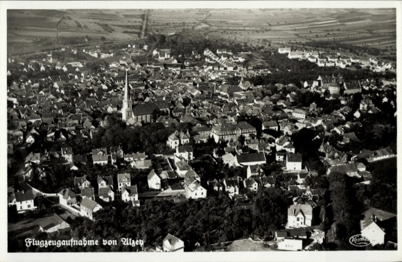 Postcard Alzey in Rheinhessen, aerial photograph, city view, many houses, church visible, landscape