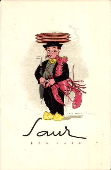 PC The Hague South Holland, Restaurant Saur, Lange Voorhout 51, man with cigar and lobster, advertisement