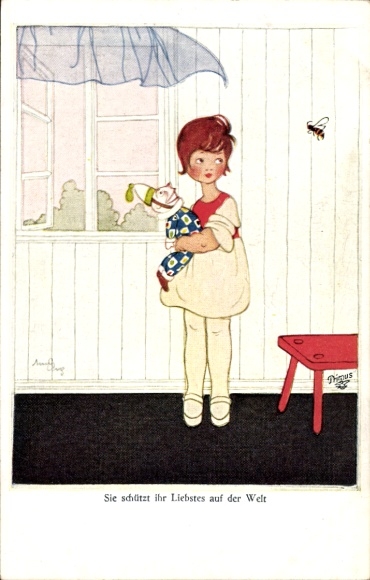 Artist Postcard She protects her dearest in the world, doll, bee, Primus