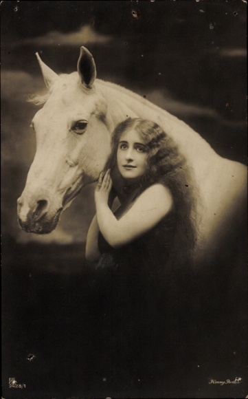 Postcard Woman and white horse, portrait