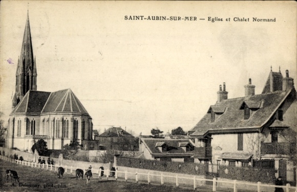 Ak Saint Aubin sur Mer Calvados, Kirche, normannisches Chalet