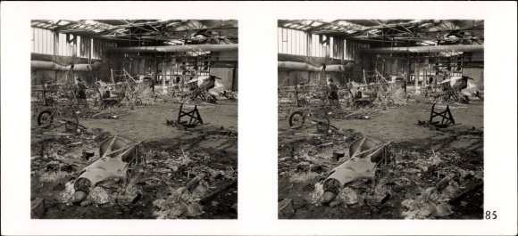 Stereo spatial image photo "The Battle in the West" No. 85, French destroyed by Stukas. Airplane shed