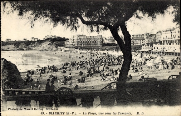 Ak Biarritz Pyrénées Atlantiques, uitzicht op het strand, veel mensen, Tamaris-bomen, fotografie