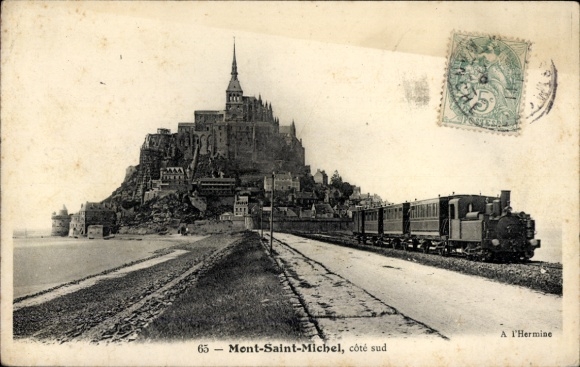 CPA Mont Saint Michel Manche, vue du ville, train