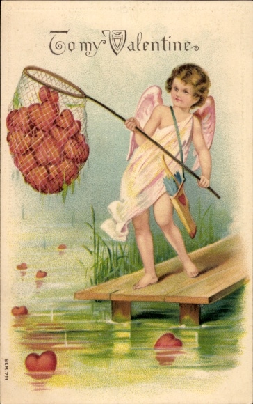 Embossed Chromo-Litho Valentine's Day, Cupid, Hearts