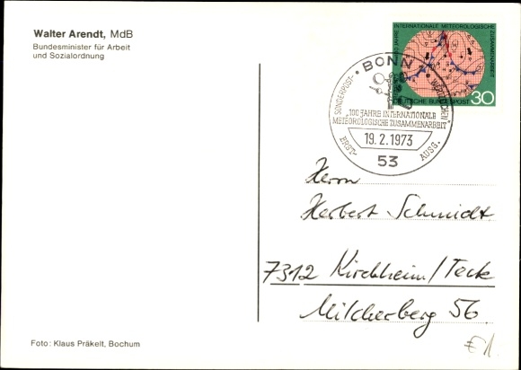 Postcard Politician Walter Arendt, Federal Minister for Labor and Social Affairs, Portrait, Autograph