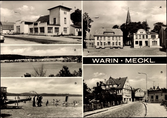 Postcard Warin in Mecklenburg, HO restaurant, Glammsee, Bad, town hall, HO department store