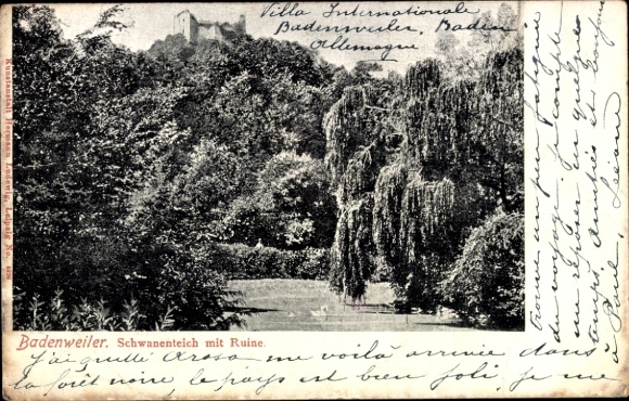Ak Badenweiler im Schwarzwald, Schwanenteich, Ruine, Villa Internationale,  Bäume