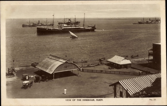 Postcard Aden Yemen, harbor, steamships