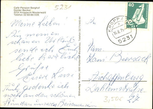 Postcard Kroppach in the Westerwald, Cafe Pension Berghof