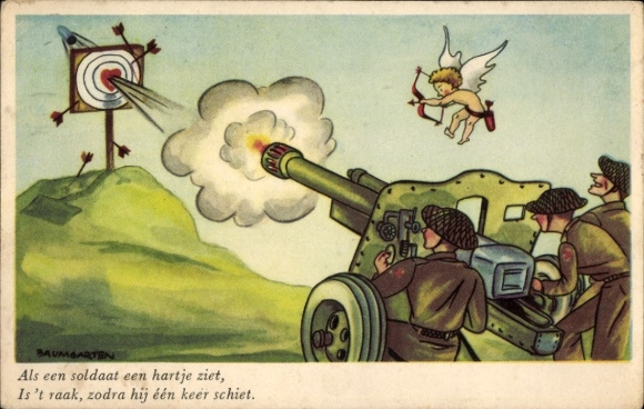 Artist Postcard Baumgarten, When a soldier sees a heart, he hits it as soon as he shoots once