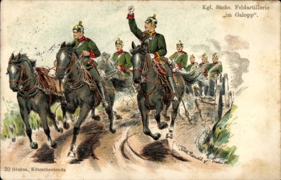 Kunstenaar litho Henckel, Carl, Koninklijke Saksische Veldartillerie in Galop