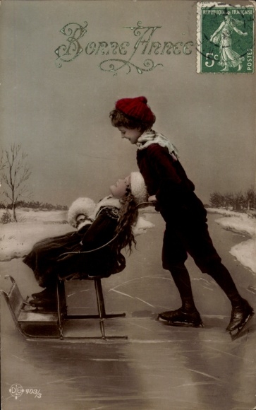 Photo Postcard Happy New Year, children, sled, ice skating