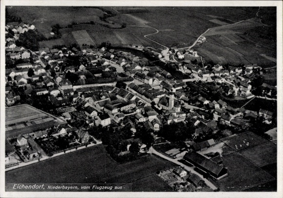 Postcard Eichendorf in Lower Bavaria, aerial view of Lower Bavaria, buildings, fields, landscape