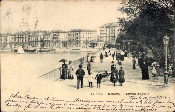 KP Genewa, Szwajcaria, Ogród Angielski, ludzie na brzegu, żaglówka,