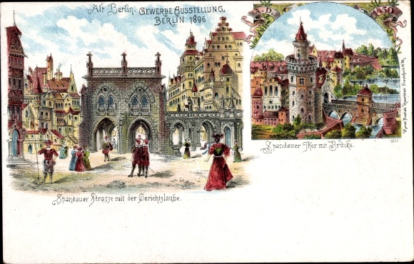 Chromo-Litho Berlin Mitte, trade exhibition, Spandauer Tor with bridge, court arbor, Spandauer Strasse