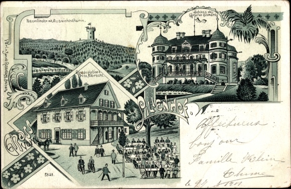 Chromo-Litho Münzensheim Kraichtal in Baden, Neunlinden, observation tower, castle d. Count Bismarck